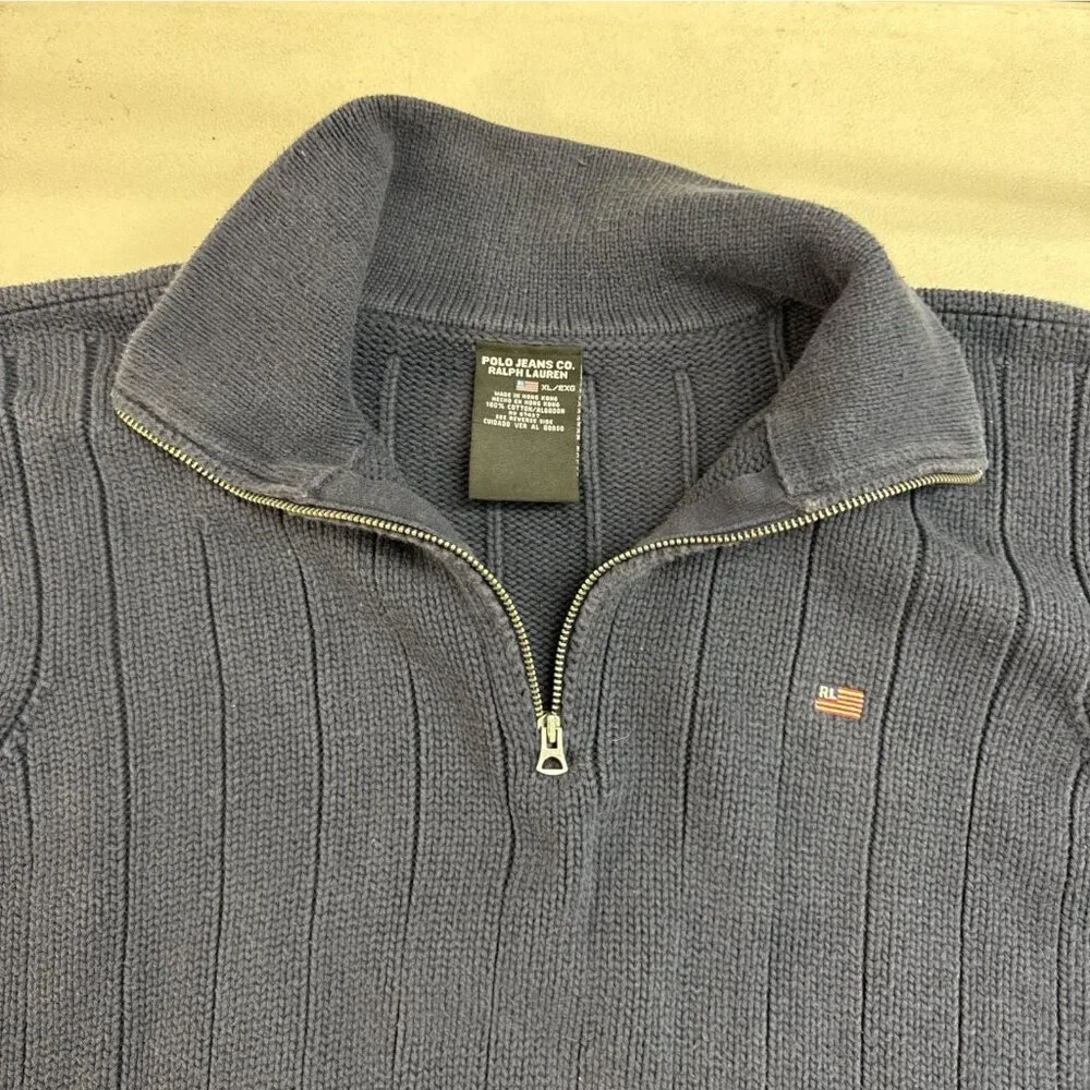 Vintage Polo Jeans Co Knit Sweater XL Navy Blue 1/4 Zip Pullover Long Sleeve Y2K